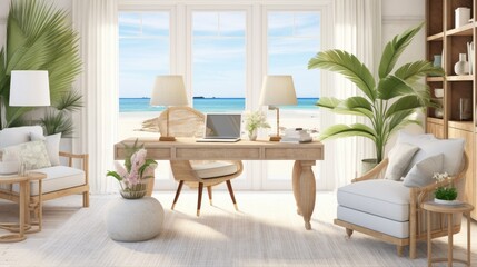 A serene home office in a coastal retreat