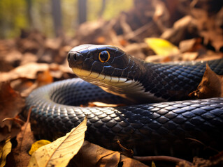 Fototapeta premium The ominous presence of a black mamba, hidden among leaves in its natural habitat.