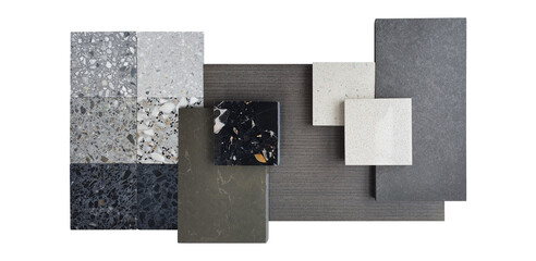 interior mood and tone samples board contains palette of terrazzo stones, brown quartz, walnut...