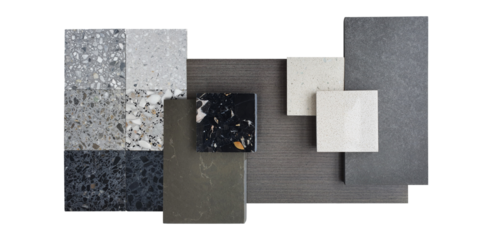 interior mood and tone samples board contains palette of terrazzo stones, brown quartz, walnut wooden veneer, white grainy artificial stones isolated on background with clipping path. 