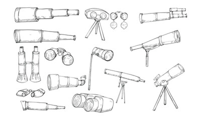 types of binoculars handdrawn collection engraving