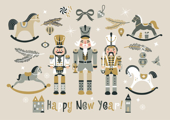 Christmas Nutcrackers Vector Illustration on Light Background. Postcard. Childish rocking horses. New Year illustration. - 684133112