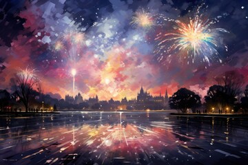 Winter Fireworks - Generative AI - obrazy, fototapety, plakaty
