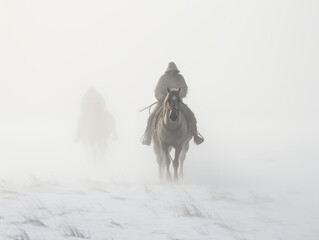Obraz premium A man riding a horse in a foggy and snowy landscape,created with Generative AI tecnology.