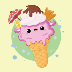 cute kawaii ice cream cone with chocolate