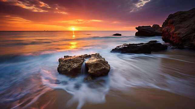 Seaside sunset with an image of gentle waves lapping against the shore