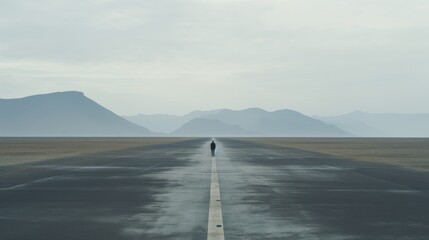 Conceptual businessman standing on the runway and looking at the future. Man standing on an empty road, psychology, and depression concept. Concept of an empty and lonely man on a path, destination. - obrazy, fototapety, plakaty