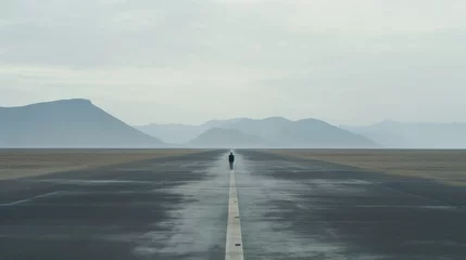 Foto op Canvas Conceptual businessman standing on the runway and looking at the future. Man standing on an empty road, psychology, and depression concept. Concept of an empty and lonely man on a path, destination. © Valua Vitaly