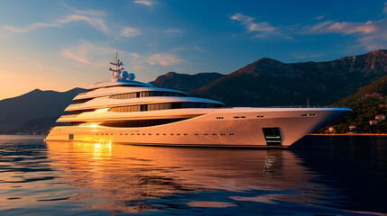 A luxury private white motor yacht on a tropical sea at sunset.