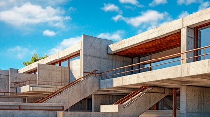 Obraz premium Modernistic buiding with straight corners and edges. Brutalist architecture with lots of concrete.