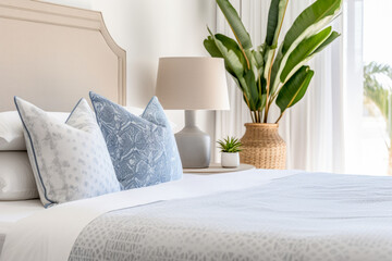 Timeless elegance meets modern vibes in a blue and white bedroom with traditional Asian motifs. Indigo and brown hues create a blend of vintage and contemporary artistry. Close up.