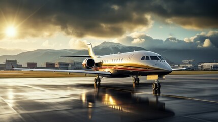 Fototapeta na wymiar Private jet standing on a wet runway with a cloudy sunset sky. Modern business jet taxiing. Luxury Aircraft preparing for a flight. Picture of a parked passenger plane. Departure and Travel Concept.