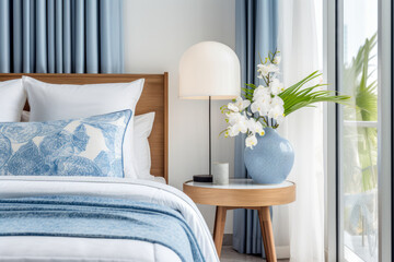 Timeless elegance meets modern vibes in a blue and white bedroom with traditional Asian motifs. Indigo and brown hues create a blend of vintage and contemporary artistry. Close up.