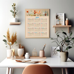 Wall Calendar Mockup with Table and Plant