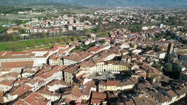 Lucca, Tuscany. Aerial view of city center with Piazza Anfiteatro and medieval buildings