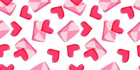Seamless pattern with hearts and envelopes in pink colors. Vector illustration. Valentine's Day. Ready template for design, postcards, print, poster, party, vintage textile.