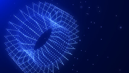 3D futuristic geometric shape with dots and lines. Structure technology network connection. Abstract wireframe twist form. Ai in dark cyberspace background. 3D rendering.