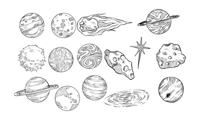 solar system handdrawn collection engraving