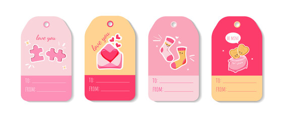 Minimalistic Valentine`s labels or tags for gifts with funny illustrations of love, toaster, heart, socks, puzzles, envelope, mail. Vector printable stickers design to tag presents for February 14. 