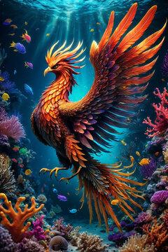 a phoenix swimming gracefully in a surreal underwater realm. ai generative