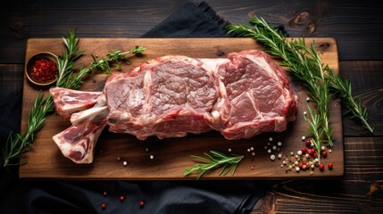 Raw Whole Lamb Leg on Butcher Board with Wooden Background. Top View with Copy Space for Meat and Mutton Enthusiasts - obrazy, fototapety, plakaty