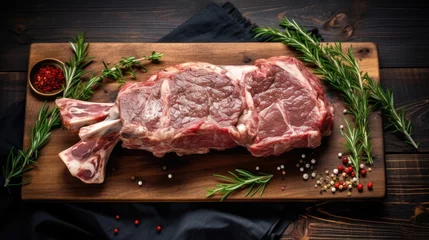 Fotobehang Raw Whole Lamb Leg on Butcher Board with Wooden Background. Top View with Copy Space for Meat and Mutton Enthusiasts © AIGen