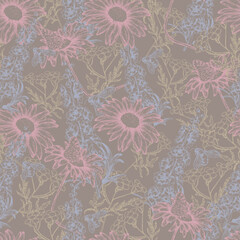 Seamless vector botanical pattern on beige background flowers and plants multicolored in a simple style hand-drawn graphics for fabrics, bed linen, wallpaper and scrapbooking