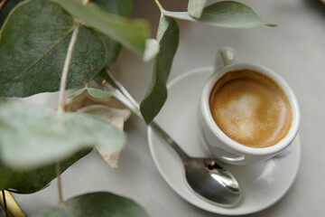 top view of coffee next to eucalyptus leaves