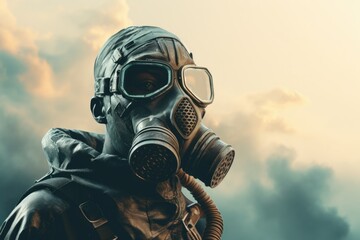 Dieselpunk Soldier with Gas Mask in a Polluted Background. Digital Artwork Featuring in Sci-Fi Concept - obrazy, fototapety, plakaty