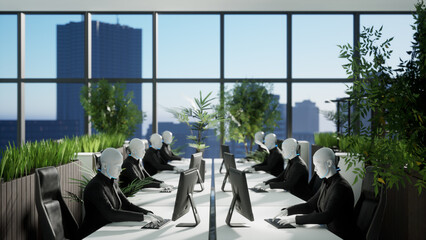 3d rendering humanoid robots working in modern office, future concept.