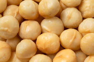 Shelled macadamia nuts full frame close up as background
