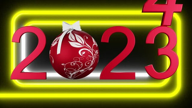 Filmato. Illustrazione 3D. Anno nuovo 2024. Capodanno 2024 in numeri. Il 2024, con decorazione di Natale, sostituisce il 2023. Sfondo con decorazione natalizia..