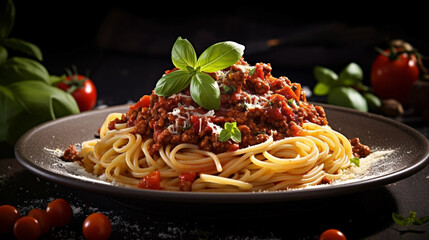 copy space, stockphoto for restaurant, taste spaghetti bolognese. Tasty spaghetti bolognese presented in a beautiful plate. Stockphoto for menu. Italian food. Healthy food concept.