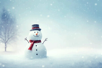 Cute toy Snowman in hat and scarf standing under snow. Brurred Blue background with Snowflakes. Merry Christmas and Happy New Year Greeting Card with copy space. AI Generated.