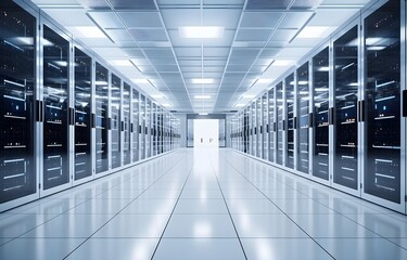 White servers data center room with computers and storage systems and blue glowing elements.