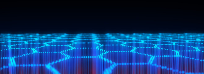 Fototapeta premium Abstract technology hexagon grid with motion dots and lines. Dark cyberspace in digital background. Dynamic cyber hexagon mesh. Medical backdrop. Futuristic wireframe texture. 3D rendering.