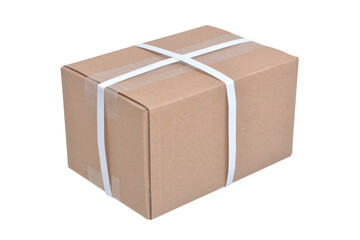 Box closed with brown corrugated cardboard tied with plastic tape on a white background