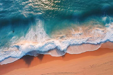 Aerial flying over empty beach with top down view during summer using generative AI 