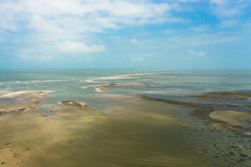 Top view of Low lying white sandy islands known as Adam's bridge. Talaimannar, Sri Lanka