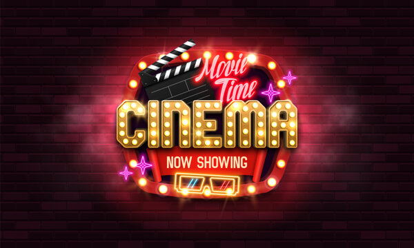 Movie time. Cinema banner or poster with retro neon signs. Vector illustration.