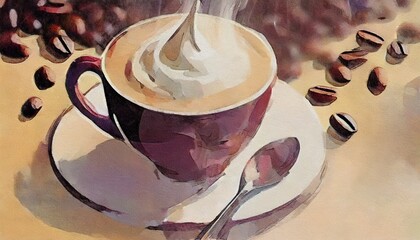 cafe latte cappuccino steam hot coffee fashionable illustration - obrazy, fototapety, plakaty