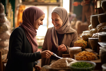 A beautiful young girl in a hijab in a spice shop helps customers make the right choice. A pleasant conversation in a shop with oriental spices. A spice saleswoman in a small shop at a farmer's market - obrazy, fototapety, plakaty