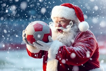 Santa is playing football. Portrait of Santa Claus with a soccer ball in the stadium. It's snowing, it's winter.