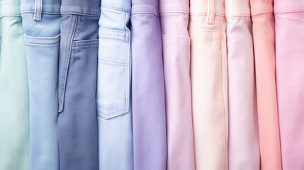 Close-up of fashion details of trendy jeans in pastel delicate color. Texture of denim fabric, fragment of fashionable pants of pastel color.
