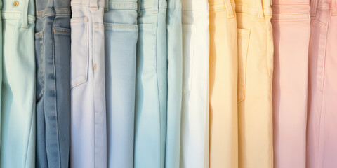 Close-up of fashion details of trendy jeans in pastel delicate color. Texture of denim fabric, fragment of fashionable pants of pastel blue color.