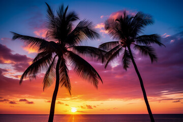 Fototapeta na wymiar Coconut palm silhouette against radiant sunset sky backdrop 