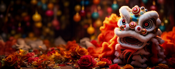 Colorful traditional Chinese New Year lion dances with red fan  - obrazy, fototapety, plakaty