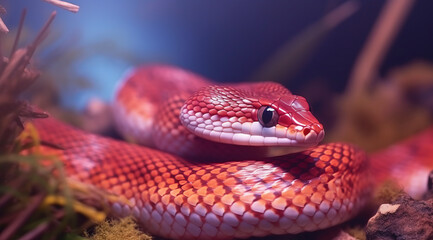 Bright orange corn snake coiled and poised, with detailed scales.