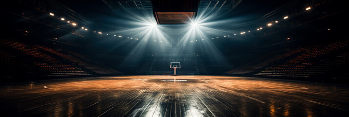 Dramatic lighting in empty arena from free throw line view 