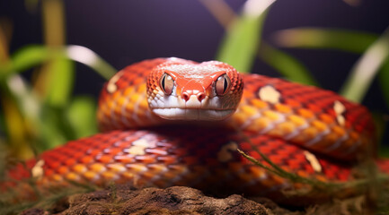Fototapeta premium Bright orange corn snake coiled and poised, with detailed scales.